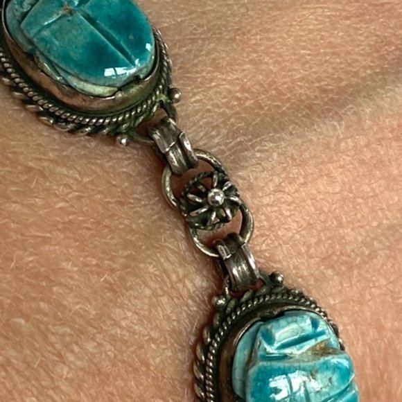 VTG Sterling Silver 925 Faience Glazed Ceramic Blue Scarab Link Bracelet 7" - Picture 7 of 16